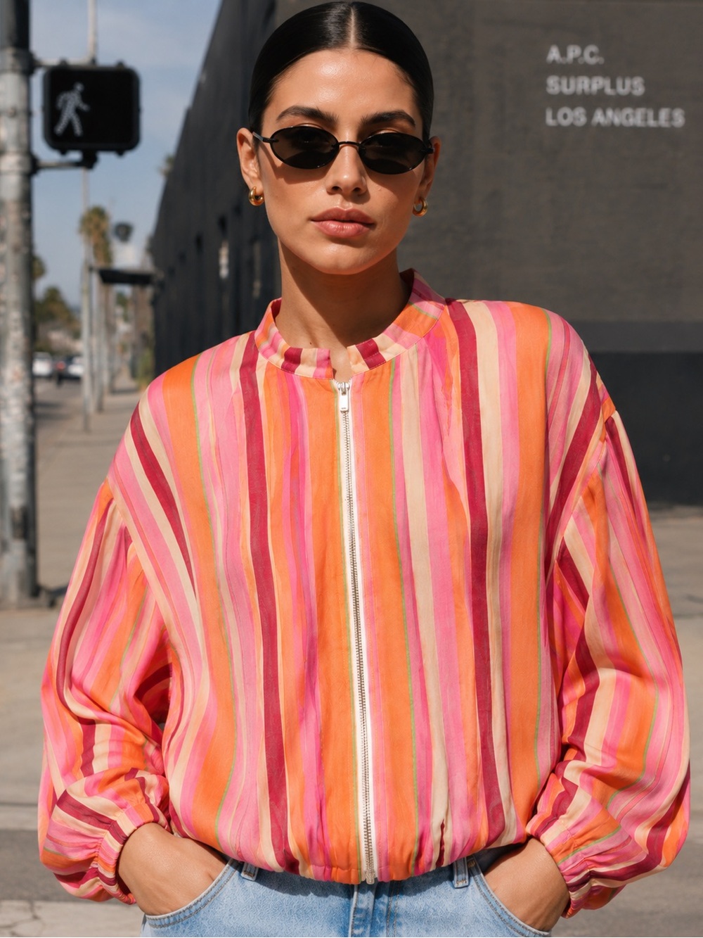 Zara Multicolor Striped High Collar Jacket Balloon Sleeves Zip Front NWT Size M